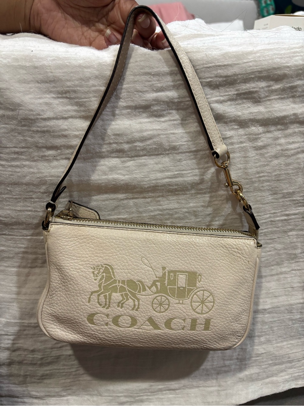 Coach Cream Pebbled Leather Wristlet with Carriage Logo